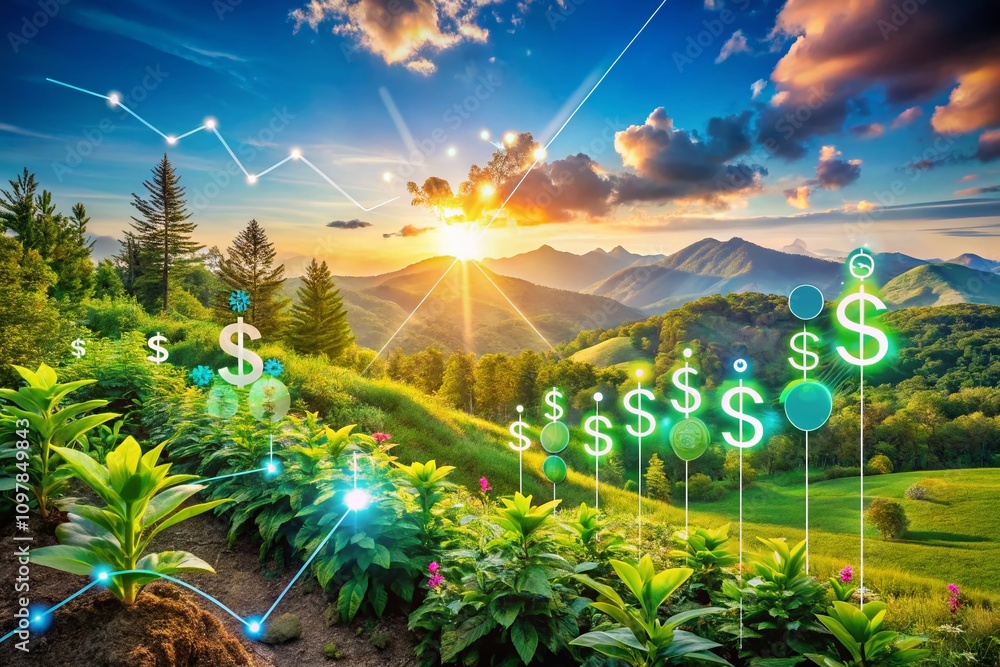 Poster dynamic landscape depicting business growth with dollar symbols and graphs representing successful t