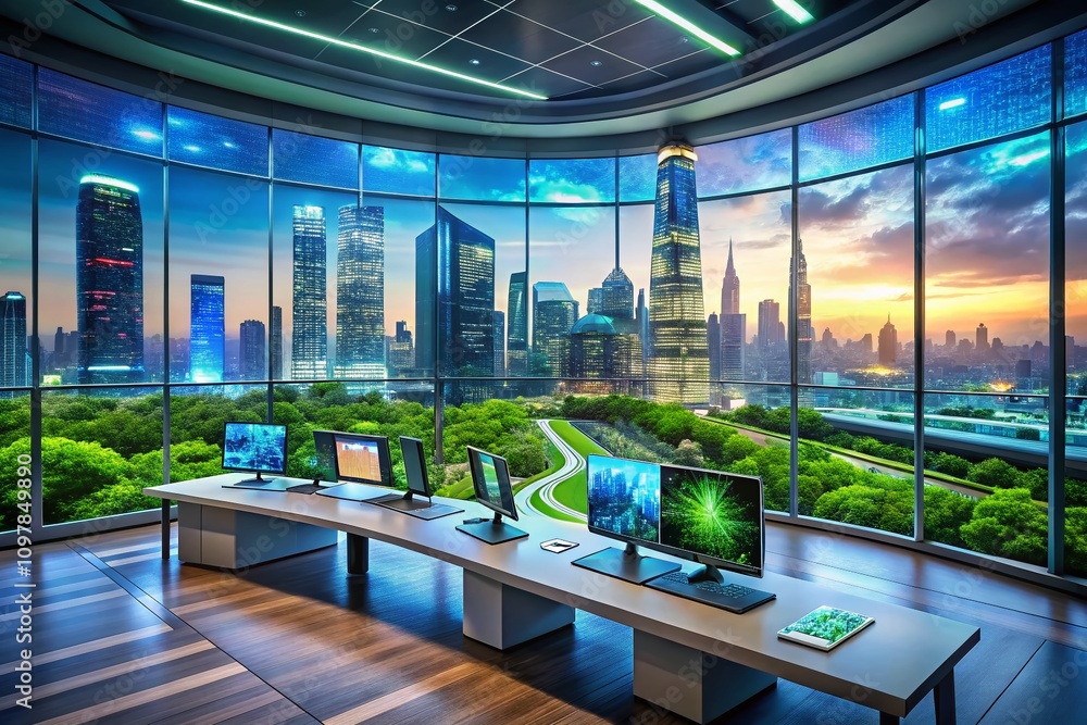 Poster dynamic landscape of a smart city command center with advanced hud elements, displaying transparent 