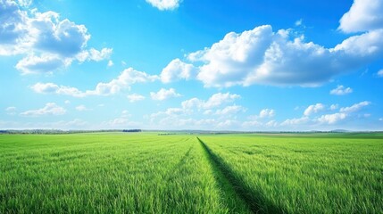 Obraz premium a green field leading into the distance and a vast blue sky creating a tranquil outdoor