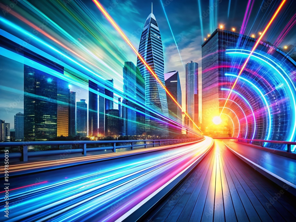 Poster dynamic long exposure image illustrating internet speed concept with fast data transfer, download an