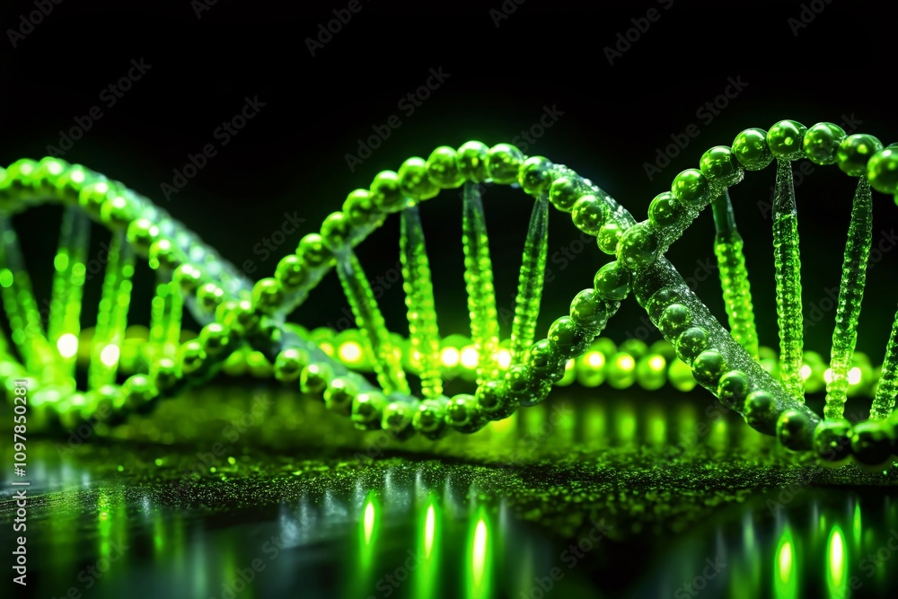Aufkleber dynamic panoramic view of neon green dna text on a black background, showcasing the intersection of 
