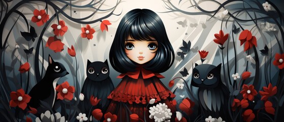 Fototapeta premium Mysterious Girl Surrounded by Enchanted Forest and Stylized Animals