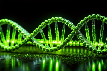 Dynamic Panoramic View of Neon Green DNA Text on a Black Background, Showcasing the Intersection of Science and Art in a Striking Visual Presentation