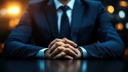 Obraz premium business strategy leadership scalability Concept.A suited individual sits at a table with hands clasped, exuding professionalism and readiness, against a backdrop of soft glowing lights.