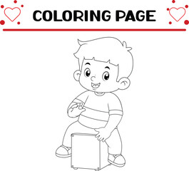 cute boy playing cajon drum instrument like pro coloring page for kids