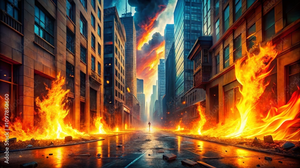 Poster dynamic urban exploration with moving fire backgrounds for motion graphics in an urban setting