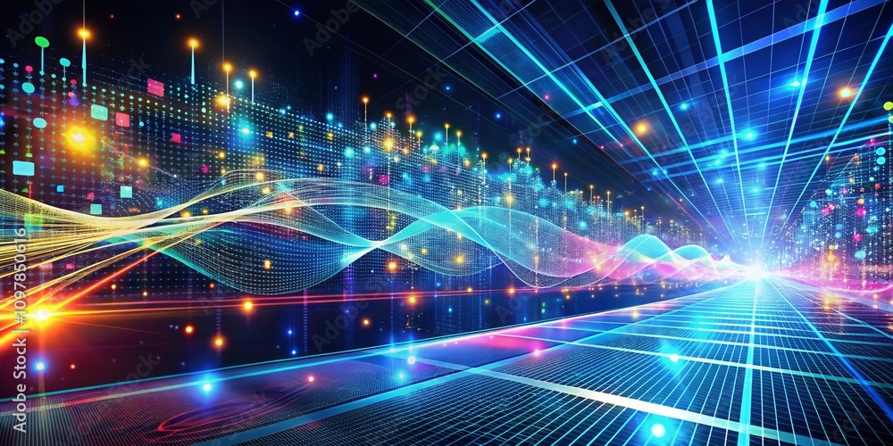Poster dynamic technology background illustrating the motion of data flow and transfer for big data storage