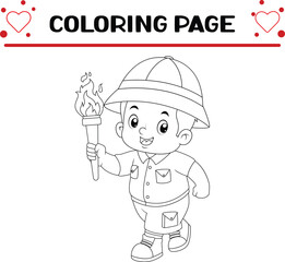 adventurous boy is excited runs with torch coloring page for kids