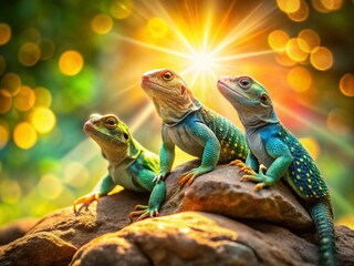 Fototapeta premium Eastern Collared Lizards basking on a sunlit stone with sunbeams and Bokeh effect, showcasing three vibrant lizards in their natural habitat during a bright sunny day.