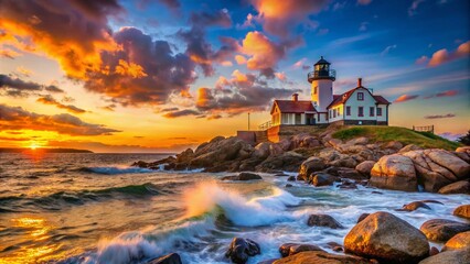 Eastern Point Lighthouse at Sunset in Gloucester, Massachusetts, Capturing the Beauty of Cape Ann's Iconic Lighthouse with Dramatic Low Light and Vibrant Colors