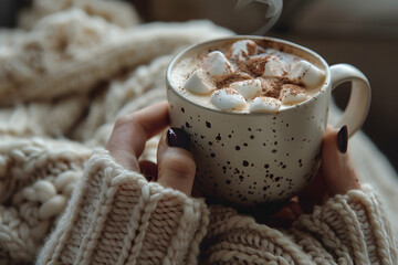 selective focus of female hand holding cup of cacao with marshmallow