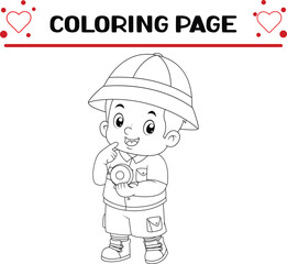 adventurous boy is looking directions using compass coloring page for kids