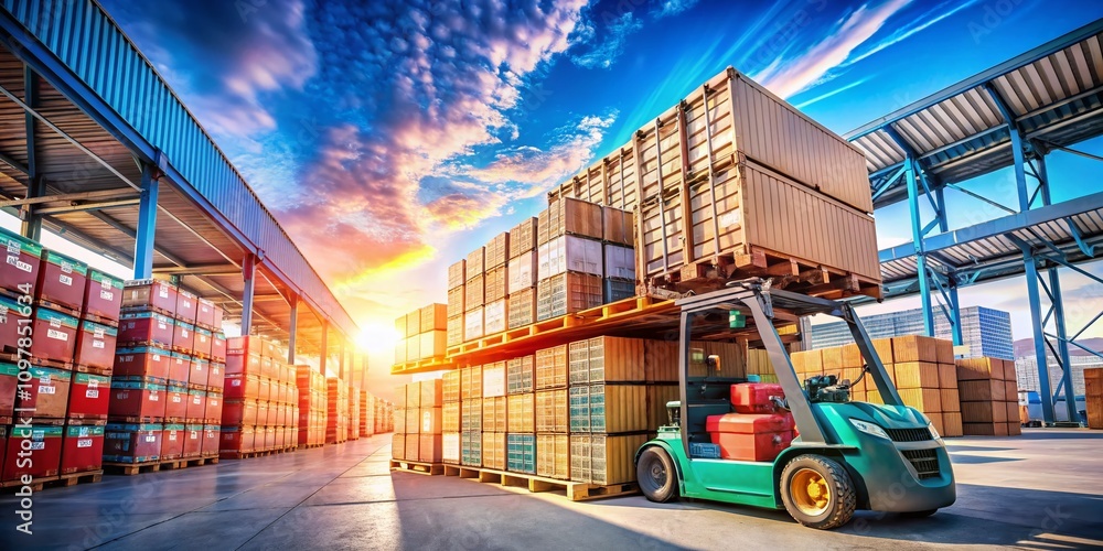 Poster efficient forklift unloading pallets from cargo container to industrial warehouse for smooth product