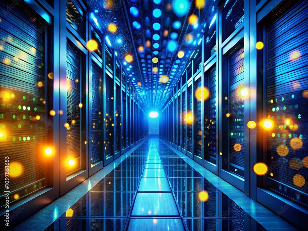 Poster efficient computer server room with dynamic blue and yellow lights creating movement in a long hallw