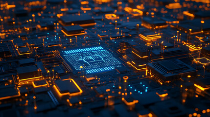 Obraz premium An orange-blue microchip-like structure glowing on a futuristic circuit board, showcasing a balance between connectivity and security