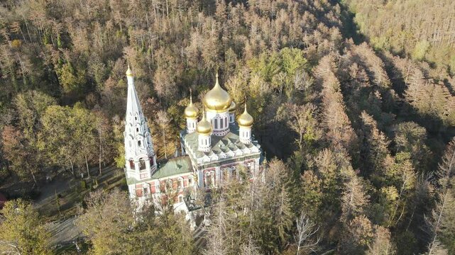 Aerial view of Shipka Monastery Holy Nativity, known as Russian church in town of Shipka, Stara Zagora Region, Bulgaria