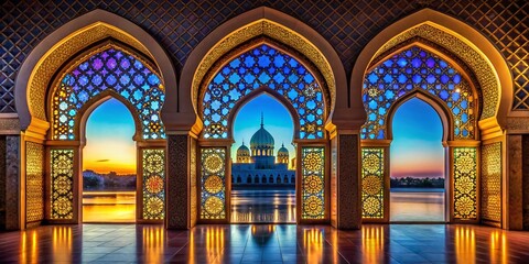 Obraz premium Elegant Arabic Night Photography Featuring Islamic Geometric Patterns and Intricate Window Designs for a Captivating Seamless Background
