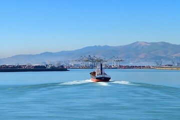Obraz premium A cargo ship navigates calm waters near a port with mountains in the background.