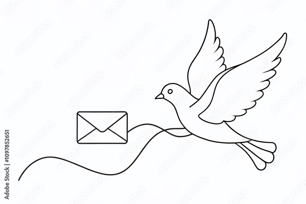 Poster elegant bird in flight with envelope: continuous line art illustrating new message concept in black 