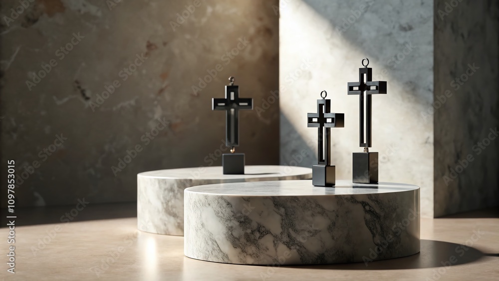 Poster elegant black cross earrings displayed in an architectural setting with soft lighting for modern chr