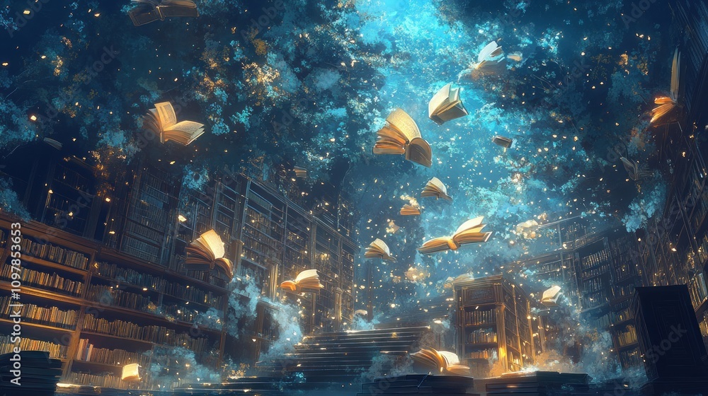 Poster magical library with books floating in a dreamy, ethereal space.