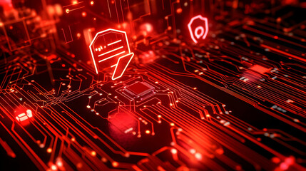 A glowing red circuit board displaying multiple illuminated icons, representing secure connectivity.
