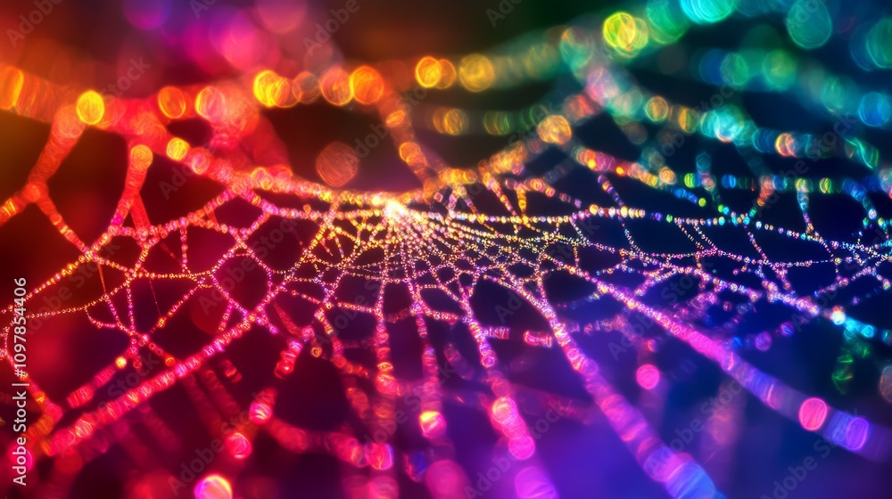 Poster colorful spiderweb with bokeh lights.