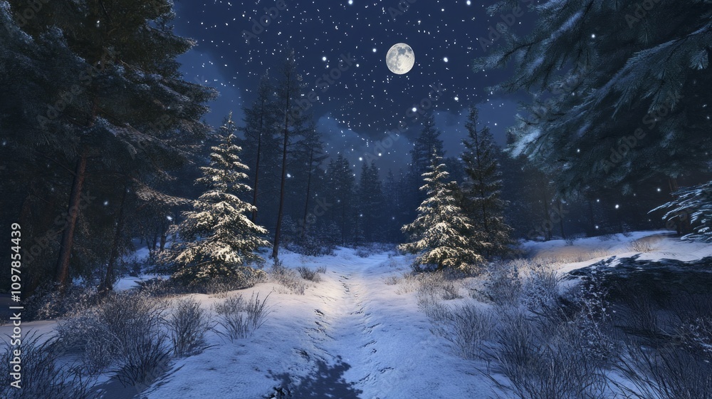 Poster a snowy forest with two pine trees and a full moon in the sky