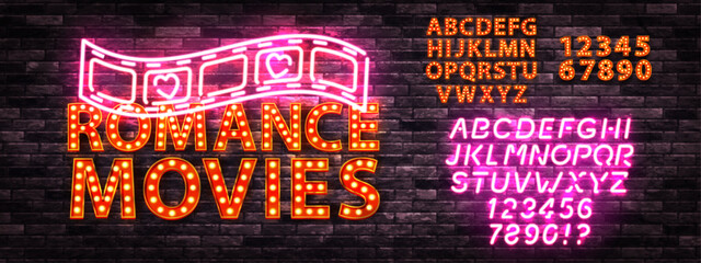 Vector neon sign of Romance Movies with neon alphabet and billboards isolated on wall background.