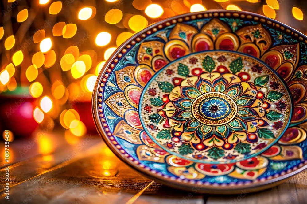 Aufkleber elegant decorated plate with bokeh effect showcasing vibrant colors and intricate patterns in a soft
