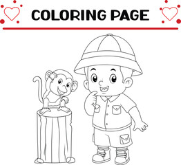 adventurous boy is posing with baby monkey coloring page for kids