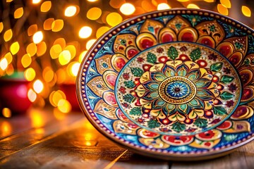 Fototapeta premium Elegant Decorated Plate with Bokeh Effect Showcasing Vibrant Colors and Intricate Patterns in a Soft Focus Background Perfect for Home Decor or Culinary Art Photography