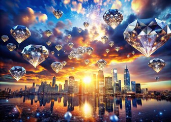 Obraz premium Elegant Diamond Explosions and Glittering Clouds of Crystals in Urban Exploration Photography Capturing the Beauty of Diamonds in Flight Against a City Backdrop