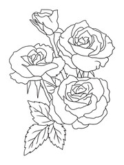 Beautiful black-and-white rose illustration with fine details, ideal for coloring books. Great for art enthusiasts, floral lovers, and creative projects.