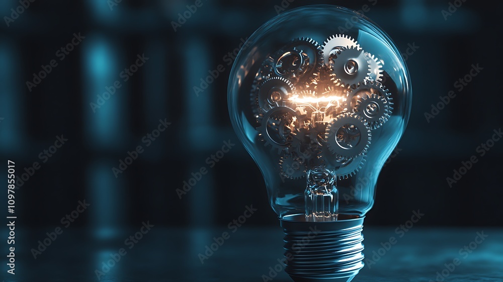 Poster glowing lightbulb filled with interlocking gears