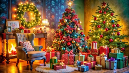 Obraz premium Elegant Fashion Photography Featuring a Stunning Christmas Tree Adorned with Beautiful Gifts, Perfect for Holiday Celebrations and Festive Decorations in a Cozy Indoor Setting