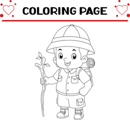 adventurous boy walks with backpack wooden stick coloring page for kids