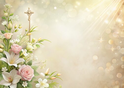 Elegant First Holy Communion Background Card Design with Soft Pastel Colors and Floral Accents, Perfect for Invitations and Celebrations, Featuring Ample Copy Space for Personalization