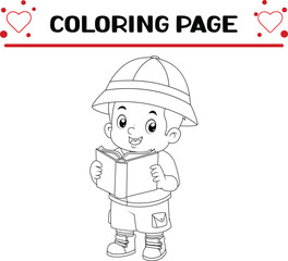 cute adventurous boy is reading book folk legends coloring page for kids