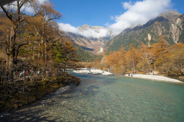 Kamikochi with beautiful mountains and a very popular touristic place for nature lovers.  located in the Northern Japan Alps near Matsumoto Nagano Prefecture Japan.