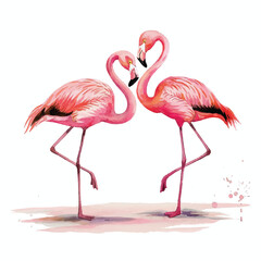 Fototapeta premium Watercolour pair of pink flamingo birds on white background.