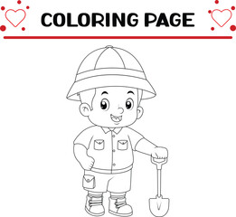 cute adventurous boy poses with shovel dig treasure coloring page for kids