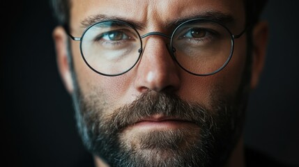 Fototapeta premium A close-up portrait of a man with glasses, showcasing a serious expression and detailed features.