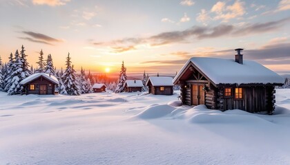 Cozy Wooden Cabins in a Snowy Sunrise Landscape