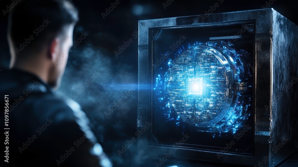 Poster secure digital safe encrypted files high-tech environment futuristic viewpoint