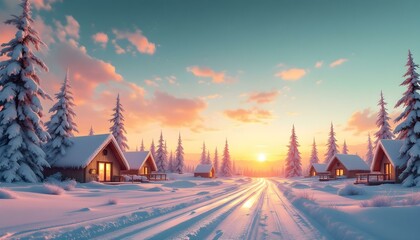 Cozy Wooden Cabins in a Snowy Sunrise Landscape