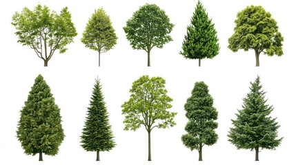 various green trees with different shapes and sizes, isolated on a white background.