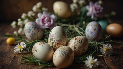 Obraz premium Decoratively painted Easter eggs arranged on a rustic wooden surface with flowers and greenery