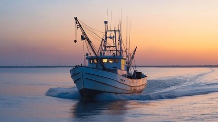 Naklejka premium Fishing trawler sailing at sunset.