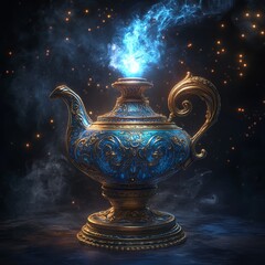 Antique Genie Lamp Emitting Ethereal Mist in Night Scene